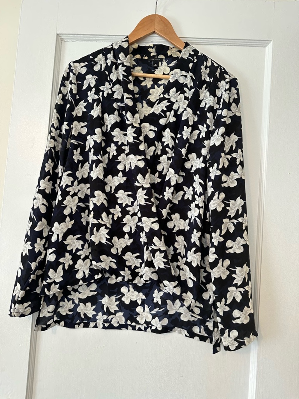 Ann Taylor Midnight Blue Blouse with White Floral Pattern